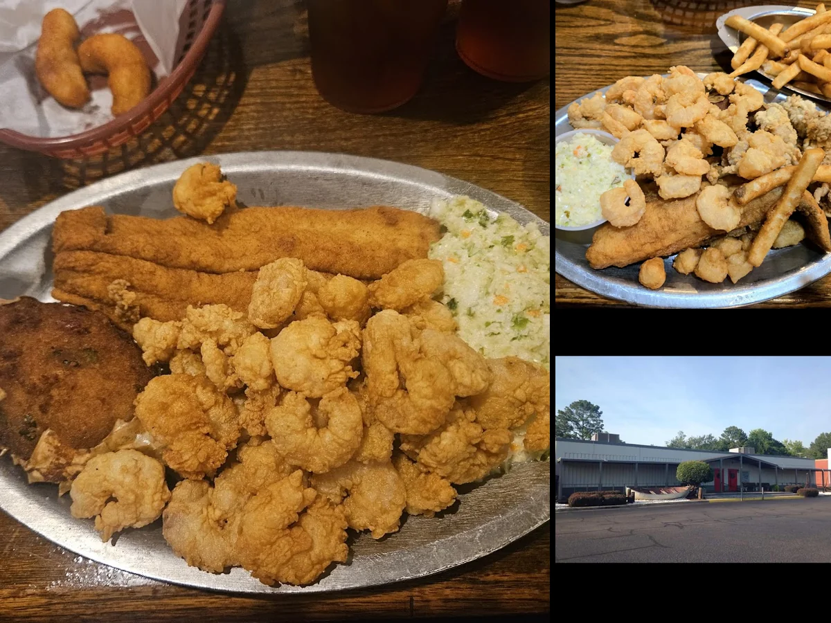 Casual restaurant tables with fried fish and sides.