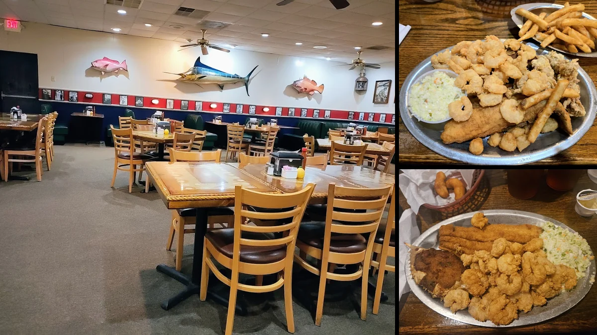 Plates of fried seafood on a simple table.